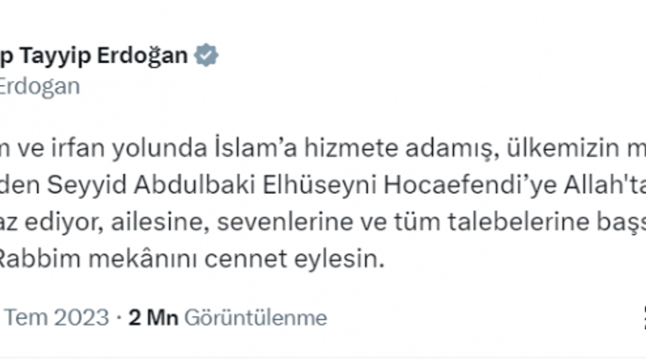 Erdoğan'dan Menzil Şeyhi için taziye mesajı